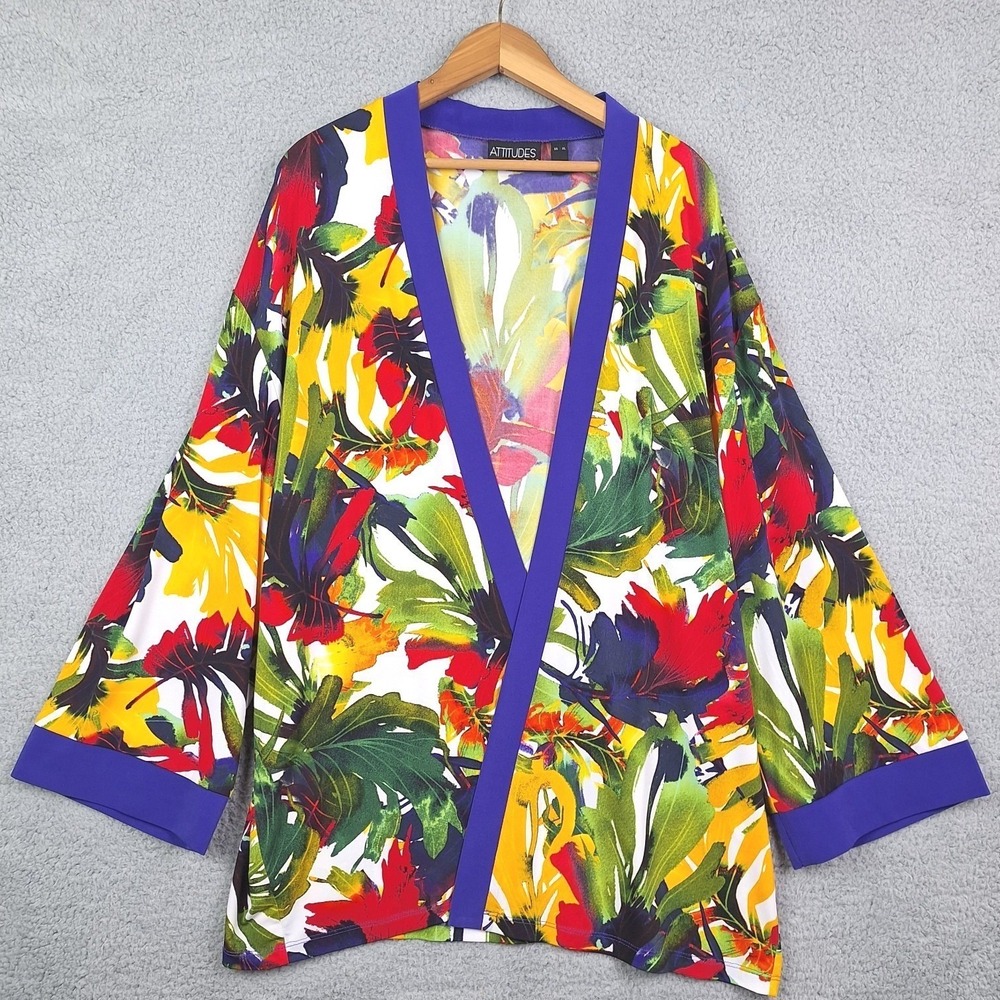 Attitudes by Renee Kimono Cardigan Womens XL Multicolor Tropical Floral Art Wrap